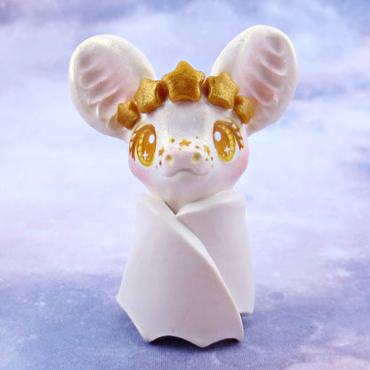 White and Gold Star Crown Bat Figurine - Polymer Clay Animals Celestial Collection