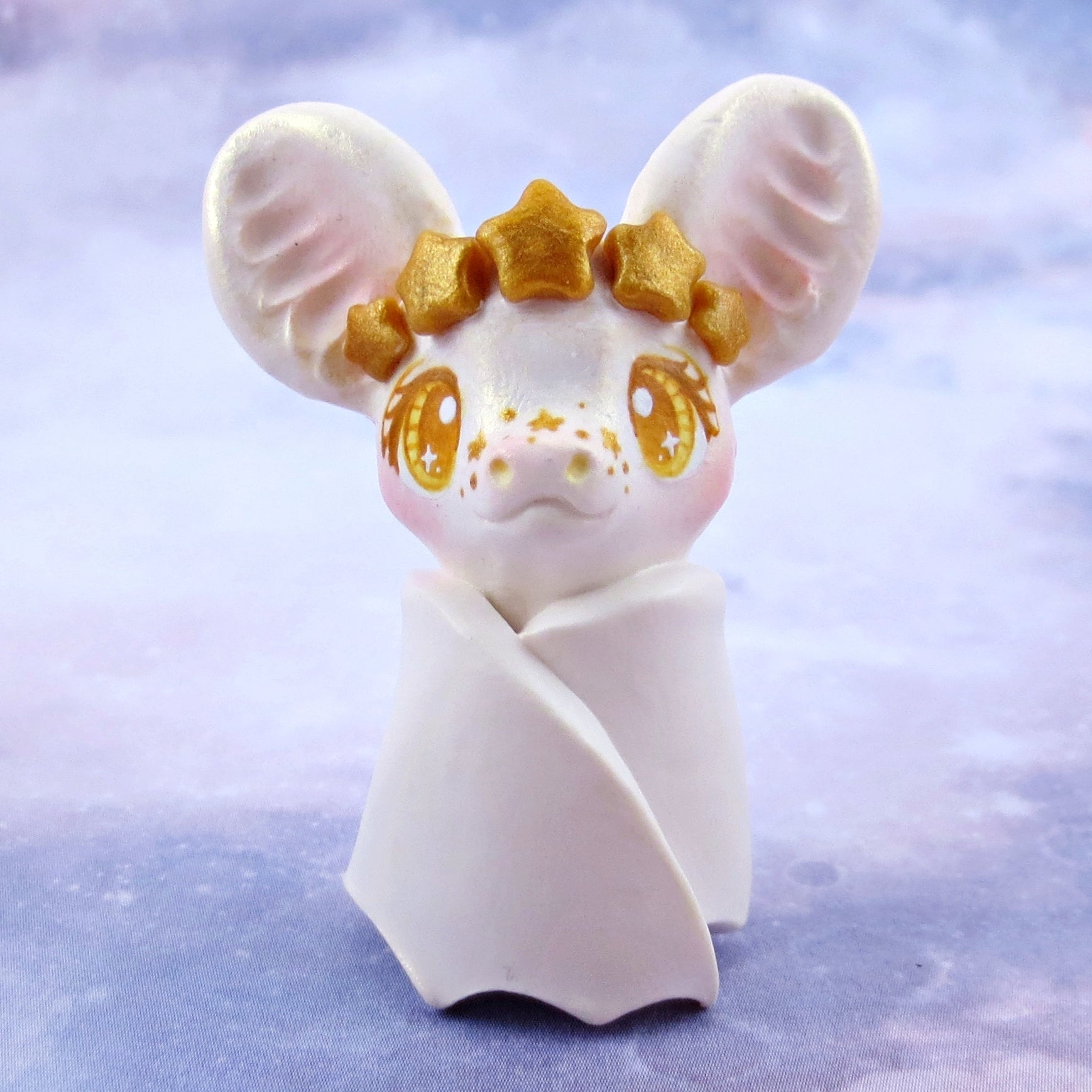 White and Gold Star Crown Bat Figurine - Polymer Clay Animals Celestial Collection