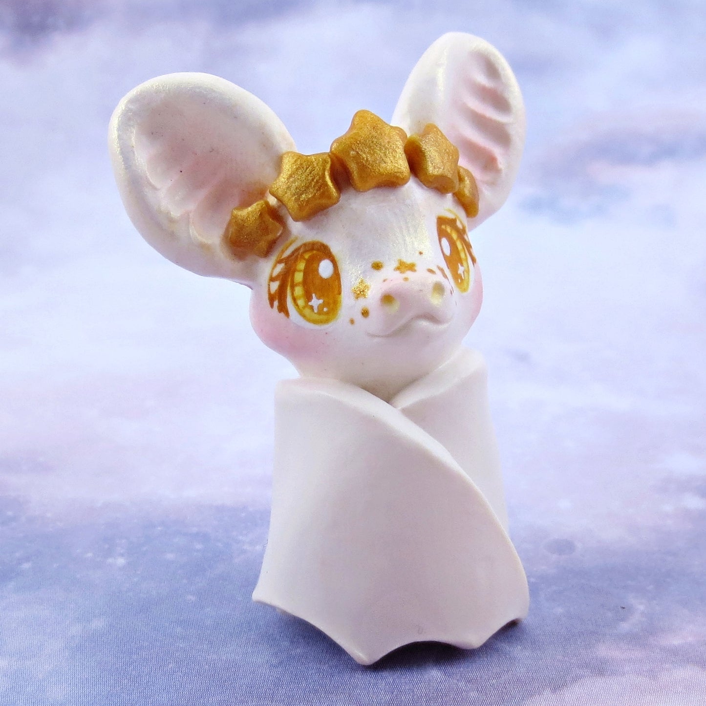 White and Gold Star Crown Bat Figurine - Polymer Clay Animals Celestial Collection