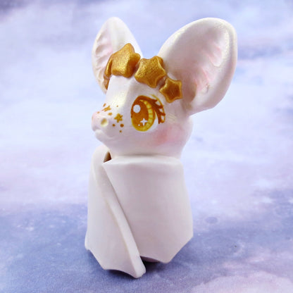 White and Gold Star Crown Bat Figurine - Polymer Clay Animals Celestial Collection