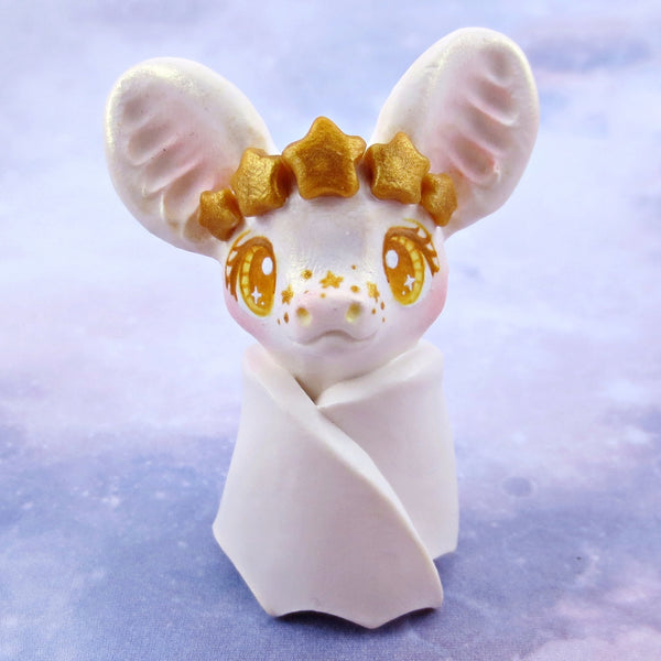 White and Gold Star Crown Bat Figurine - Polymer Clay Animals Celestial Collection