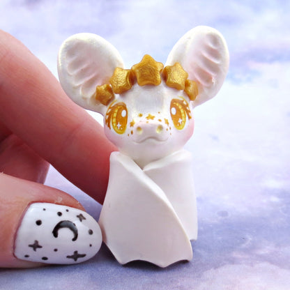 White and Gold Star Crown Bat Figurine - Polymer Clay Animals Celestial Collection