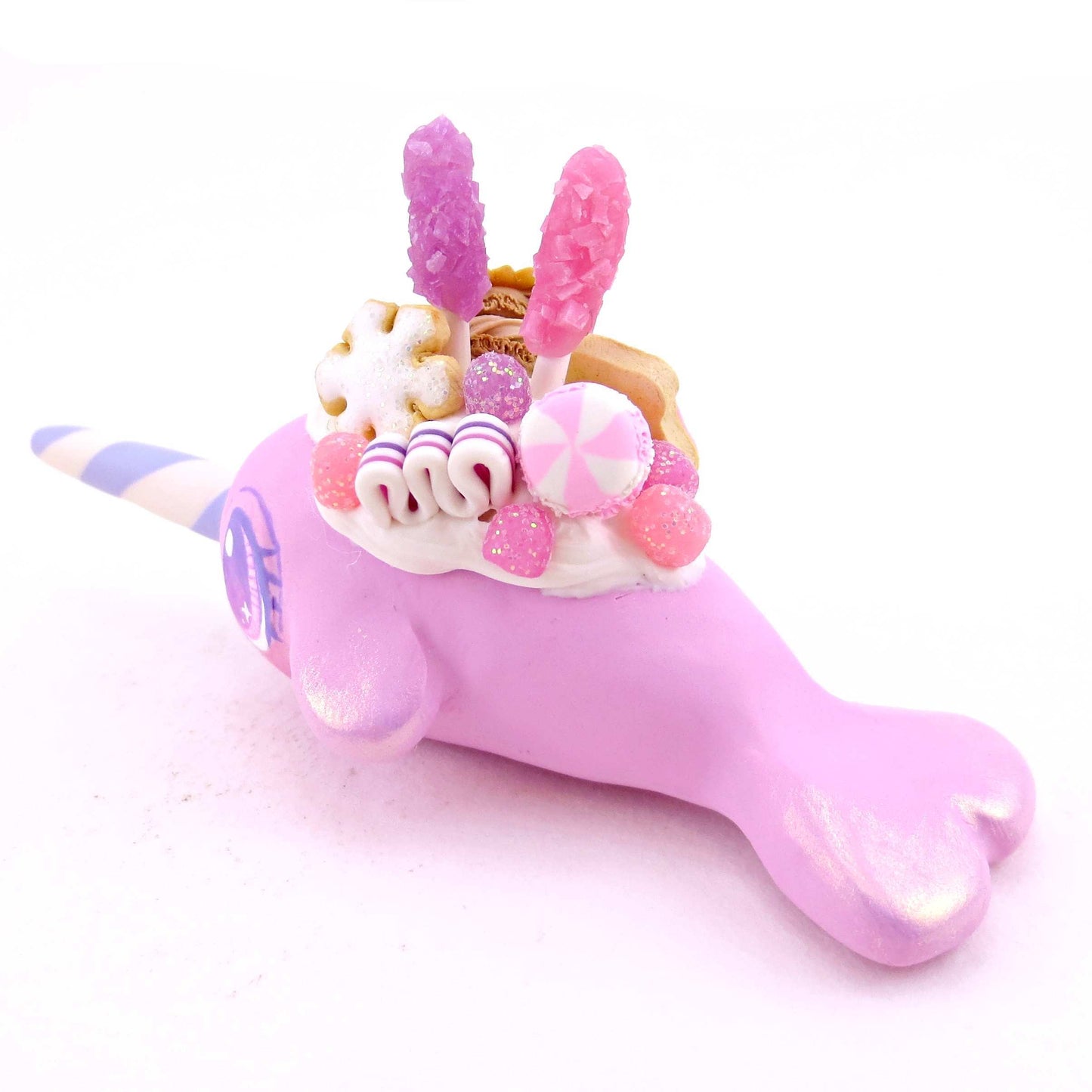 Pink Sugar Plum Dessert Narwhal Figurine - Polymer Clay Animals Christmas Collection