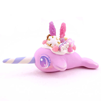 Pink Sugar Plum Dessert Narwhal Figurine - Polymer Clay Animals Christmas Collection