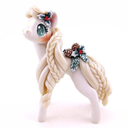 Pale Grey Cottagecore Christmas Foliage Pony Figurine - Polymer Clay Animals Christmas Collection