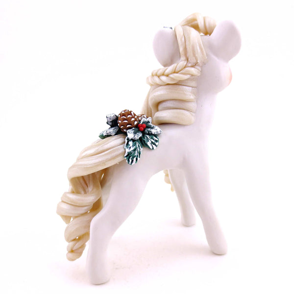 Pale Grey Cottagecore Christmas Foliage Pony Figurine - Polymer Clay Animals Christmas Collection