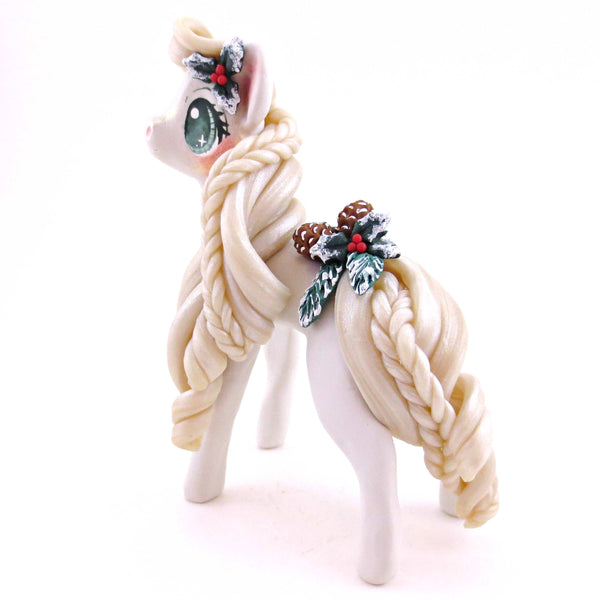 Pale Grey Cottagecore Christmas Foliage Pony Figurine - Polymer Clay Animals Christmas Collection