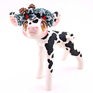 Cottagecore Christmas Foliage Black and White Holstein Cow Figurine - Polymer Clay Animals Christmas Collection