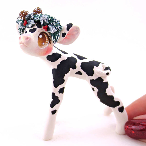 Cottagecore Christmas Foliage Black and White Holstein Cow Figurine - Polymer Clay Animals Christmas Collection