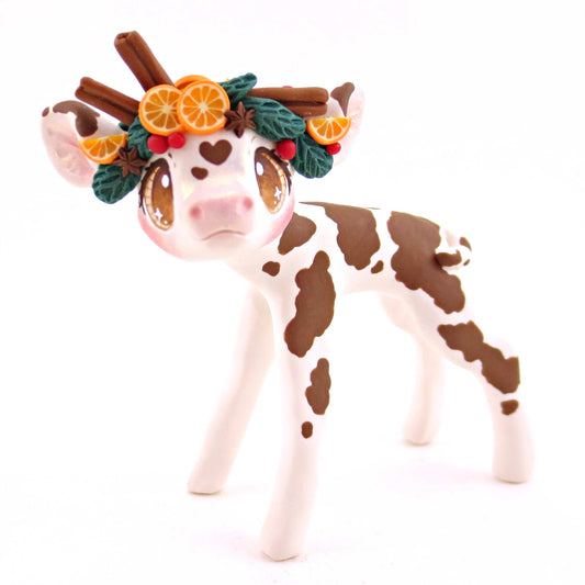 Cottagecore Christmas Spices Brown and White Holstein Cow Figurine - Polymer Clay Animals Christmas Collection