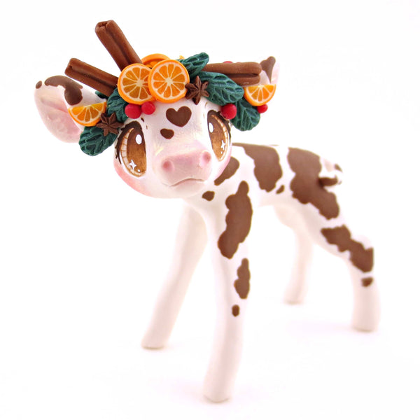 Cottagecore Christmas Spices Brown and White Holstein Cow Figurine - Polymer Clay Animals Christmas Collection