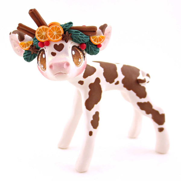 Cottagecore Christmas Spices Brown and White Holstein Cow Figurine - Polymer Clay Animals Christmas Collection
