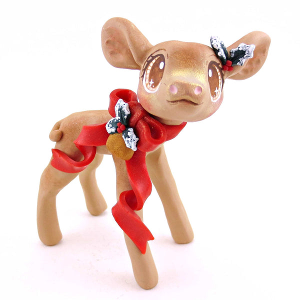Cottagecore Christmas Bow Jersey Cow Figurine - Polymer Clay Animals Christmas Collection