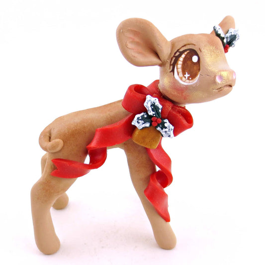 Cottagecore Christmas Bow Jersey Cow Figurine - Polymer Clay Animals Christmas Collection