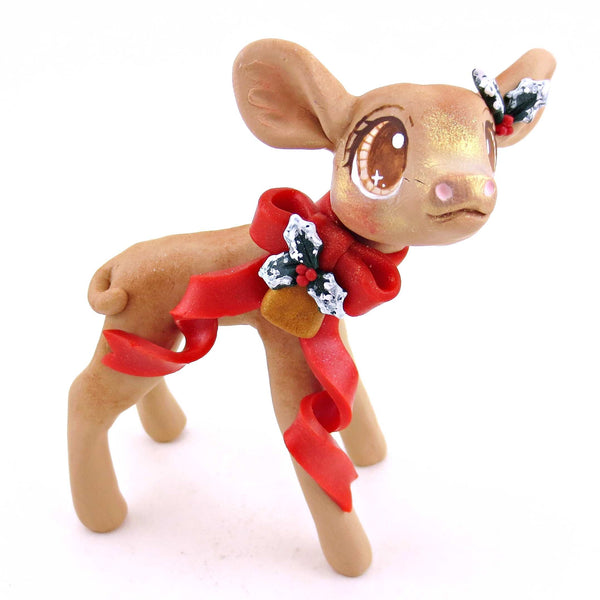 Cottagecore Christmas Bow Jersey Cow Figurine - Polymer Clay Animals Christmas Collection