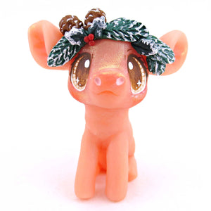 Cottagecore Christmas Foliage Little Piglet Figurine - Polymer Clay Animals Christmas Collection