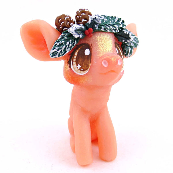 Cottagecore Christmas Foliage Little Piglet Figurine - Polymer Clay Animals Christmas Collection