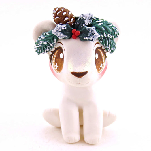 Cottagecore Christmas Foliage Polar Bear Cub Figurine - Polymer Clay Animals Christmas Collection