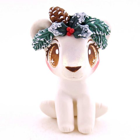 Cottagecore Christmas Foliage Polar Bear Cub Figurine - Polymer Clay Animals Christmas Collection
