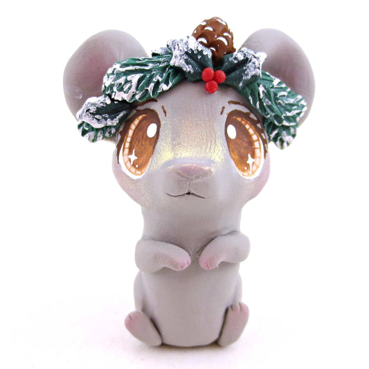 Cottagecore Christmas Foliage Grey Mouse Figurine - Polymer Clay Animals Christmas Collection