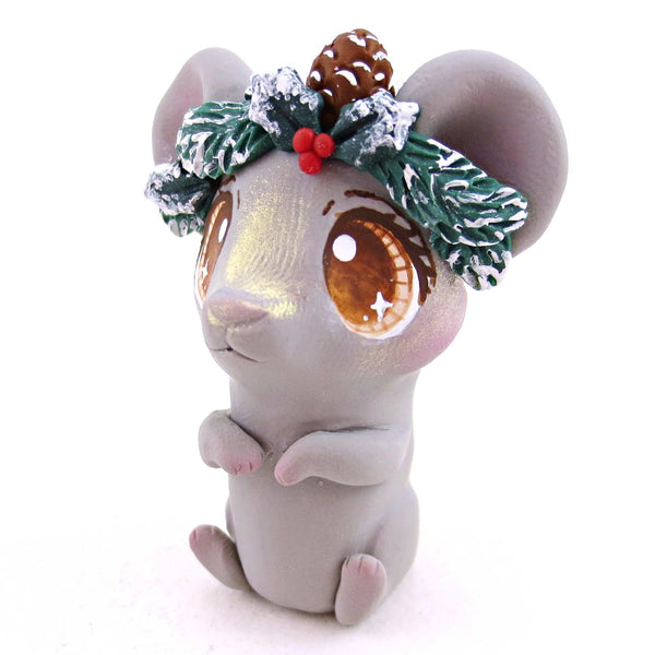 Cottagecore Christmas Foliage Grey Mouse Figurine - Polymer Clay Animals Christmas Collection