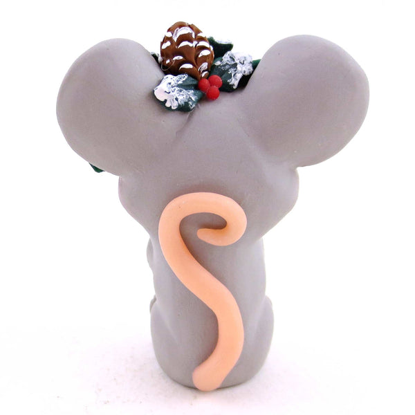 Cottagecore Christmas Foliage Grey Mouse Figurine - Polymer Clay Animals Christmas Collection