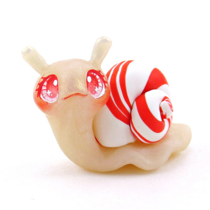 Peppermint Candy Cane Snail Figurine - Polymer Clay Christmas Collection