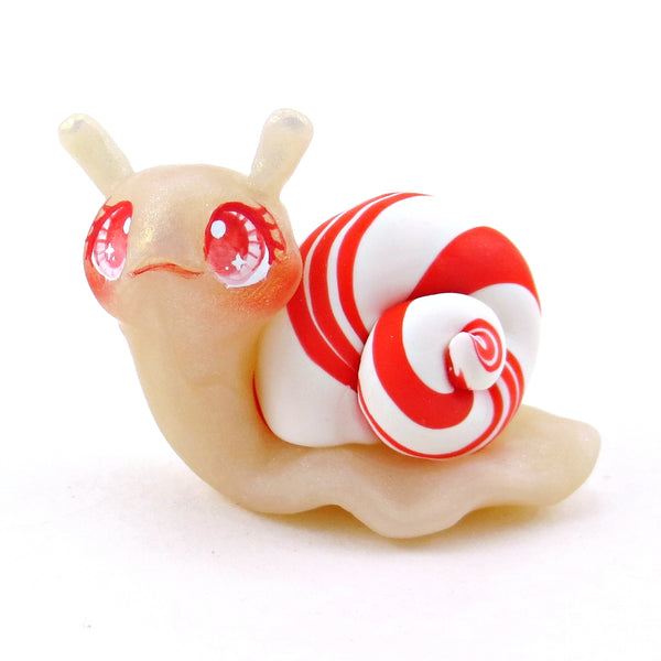 Peppermint Candy Cane Snail Figurine - Polymer Clay Christmas Collection