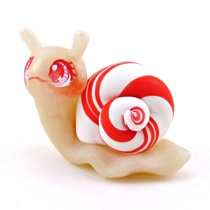 Peppermint Candy Cane Snail Figurine - Polymer Clay Christmas Collection