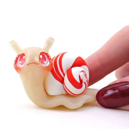 Peppermint Candy Cane Snail Figurine - Polymer Clay Christmas Collection