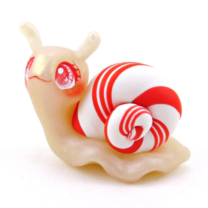 Peppermint Candy Cane Snail Figurine - Polymer Clay Christmas Collection