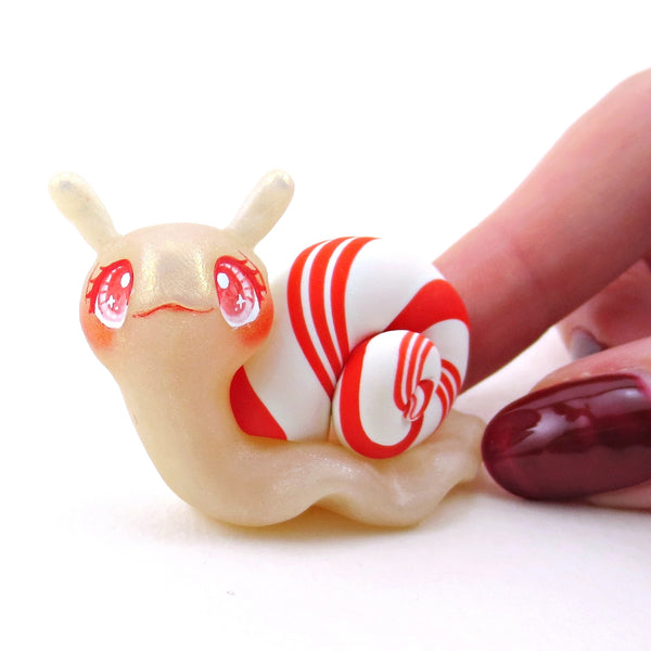 Peppermint Candy Cane Snail Figurine - Polymer Clay Christmas Collection