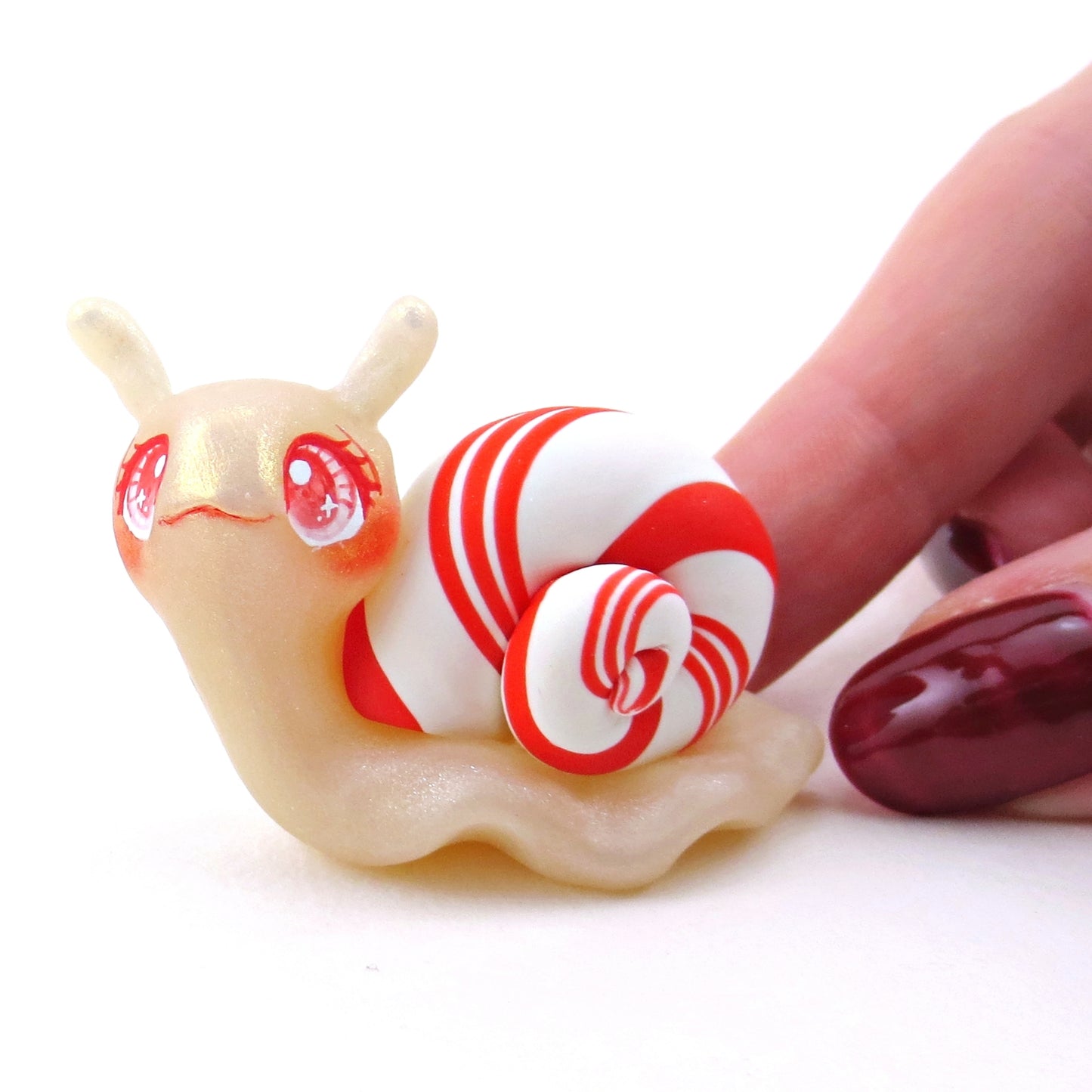 Peppermint Candy Cane Snail Figurine - Polymer Clay Christmas Collection