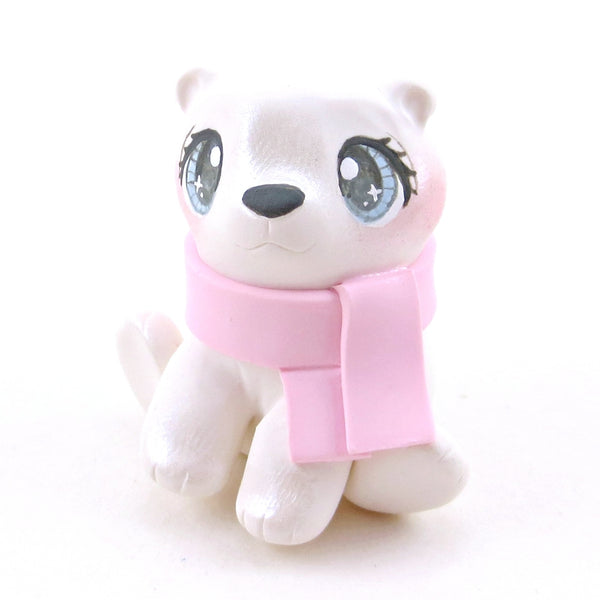 Pink Scarf Polar Bear Cub Figurine - Polymer Clay Christmas Collection