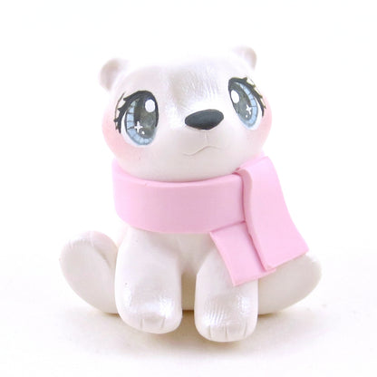 Pink Scarf Polar Bear Cub Figurine - Polymer Clay Christmas Collection