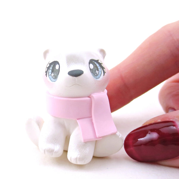 Pink Scarf Polar Bear Cub Figurine - Polymer Clay Christmas Collection