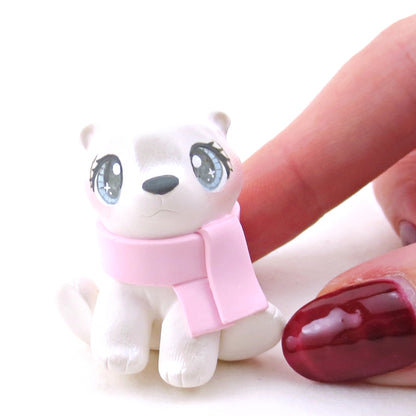 Pink Scarf Polar Bear Cub Figurine - Polymer Clay Christmas Collection