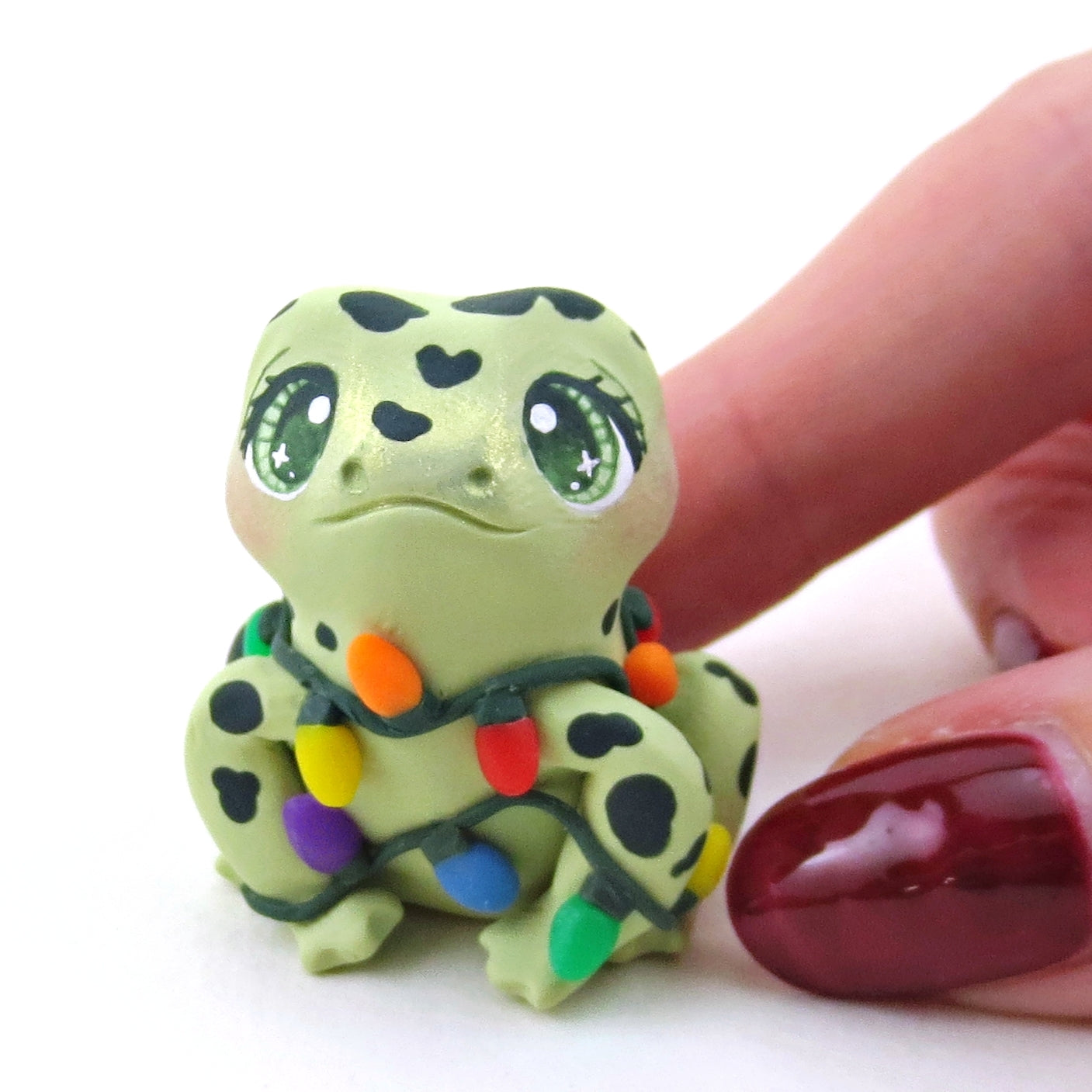 Christmas Lights Frog Figurine - Polymer Clay Christmas Collection