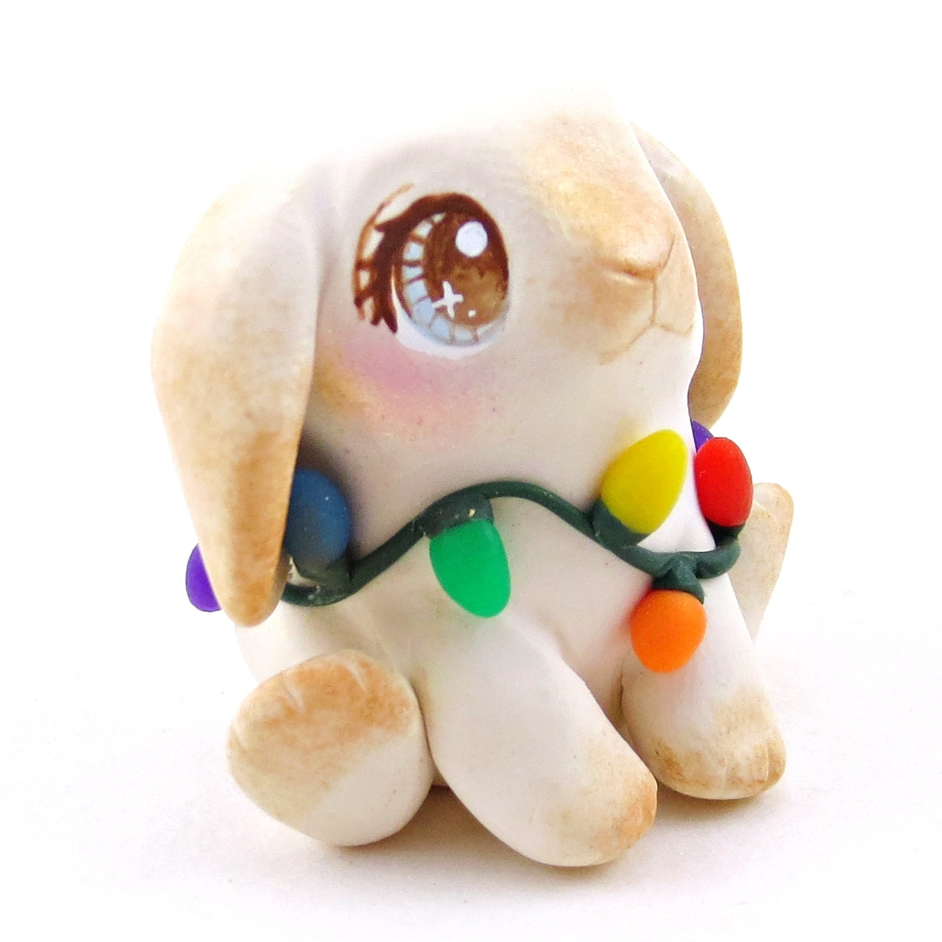 Christmas Lights Holland Lop Bunny Figurine - Polymer Clay Christmas Collection