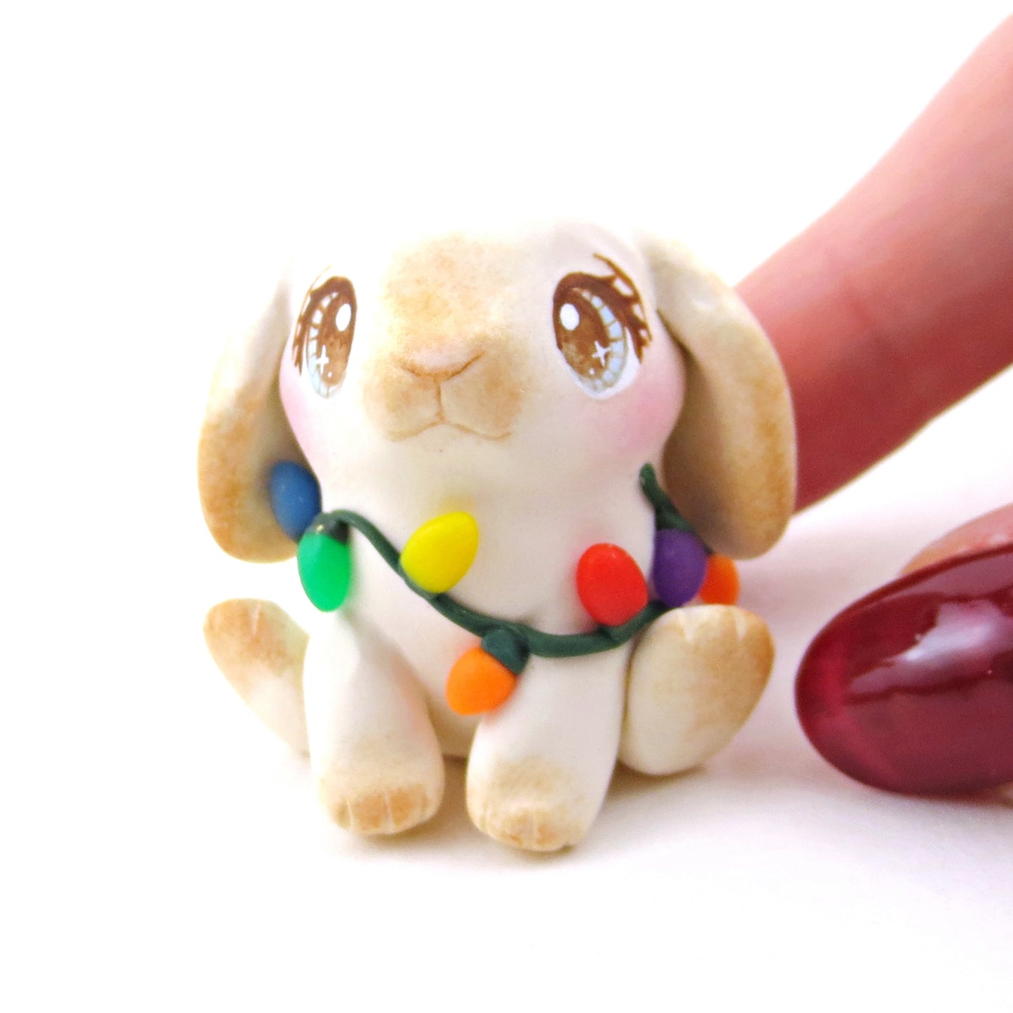 Christmas Lights Holland Lop Bunny Figurine - Polymer Clay Christmas Collection