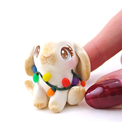 Christmas Lights Holland Lop Bunny Figurine - Polymer Clay Christmas Collection