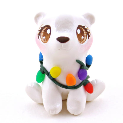 Christmas Lights Polar Bear Cub Figurine - Polymer Clay Christmas Collection