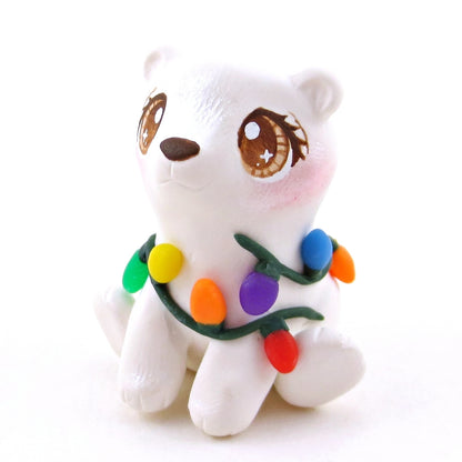 Christmas Lights Polar Bear Cub Figurine - Polymer Clay Christmas Collection