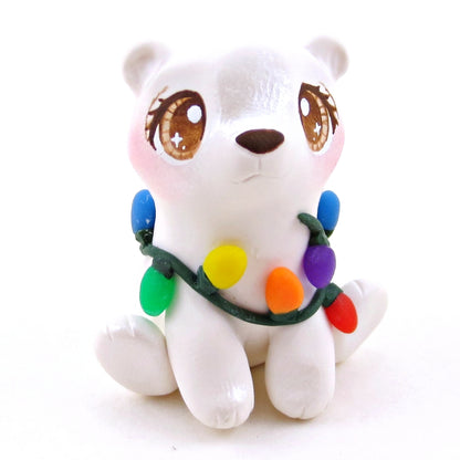 Christmas Lights Polar Bear Cub Figurine - Polymer Clay Christmas Collection