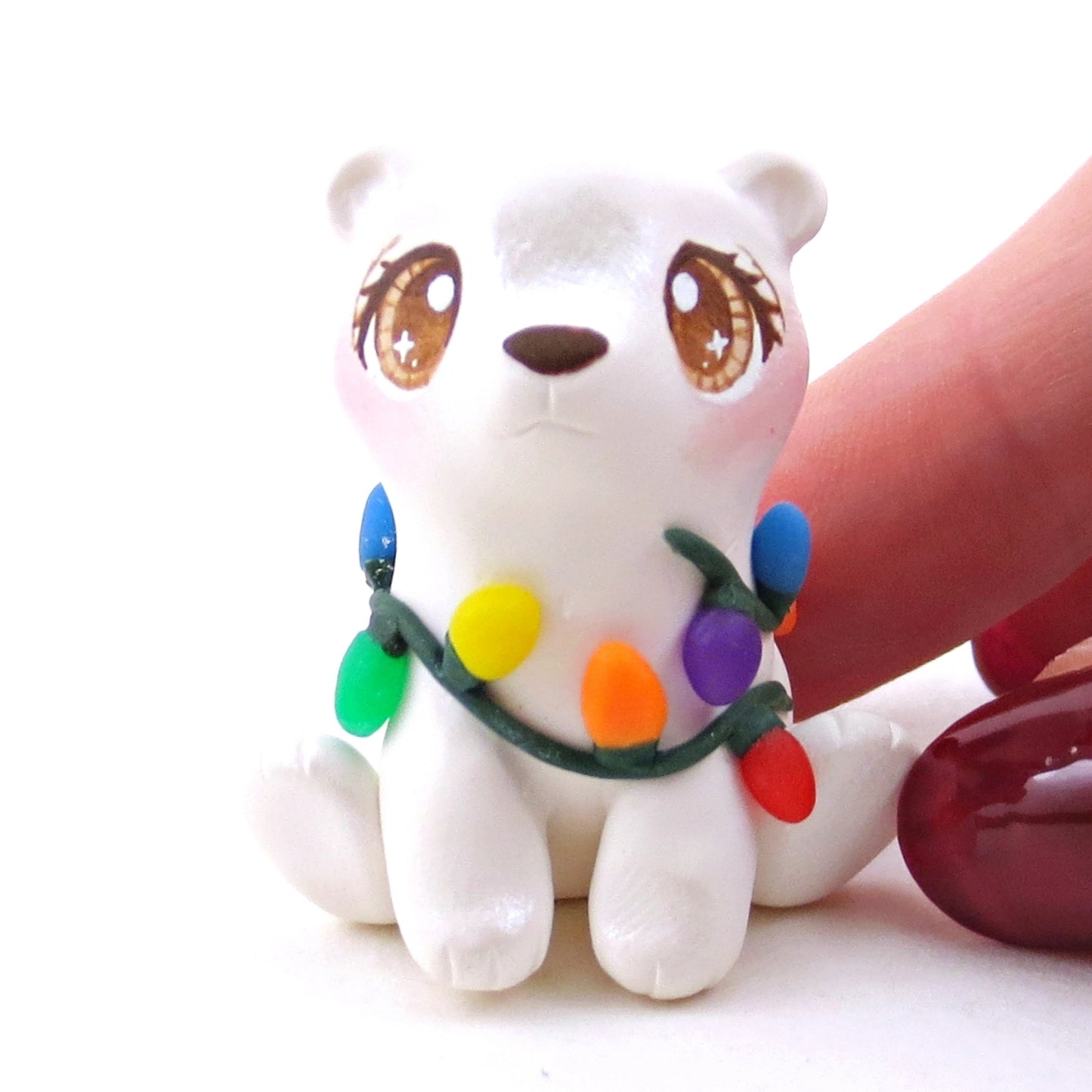 Christmas Lights Polar Bear Cub Figurine - Polymer Clay Christmas Collection