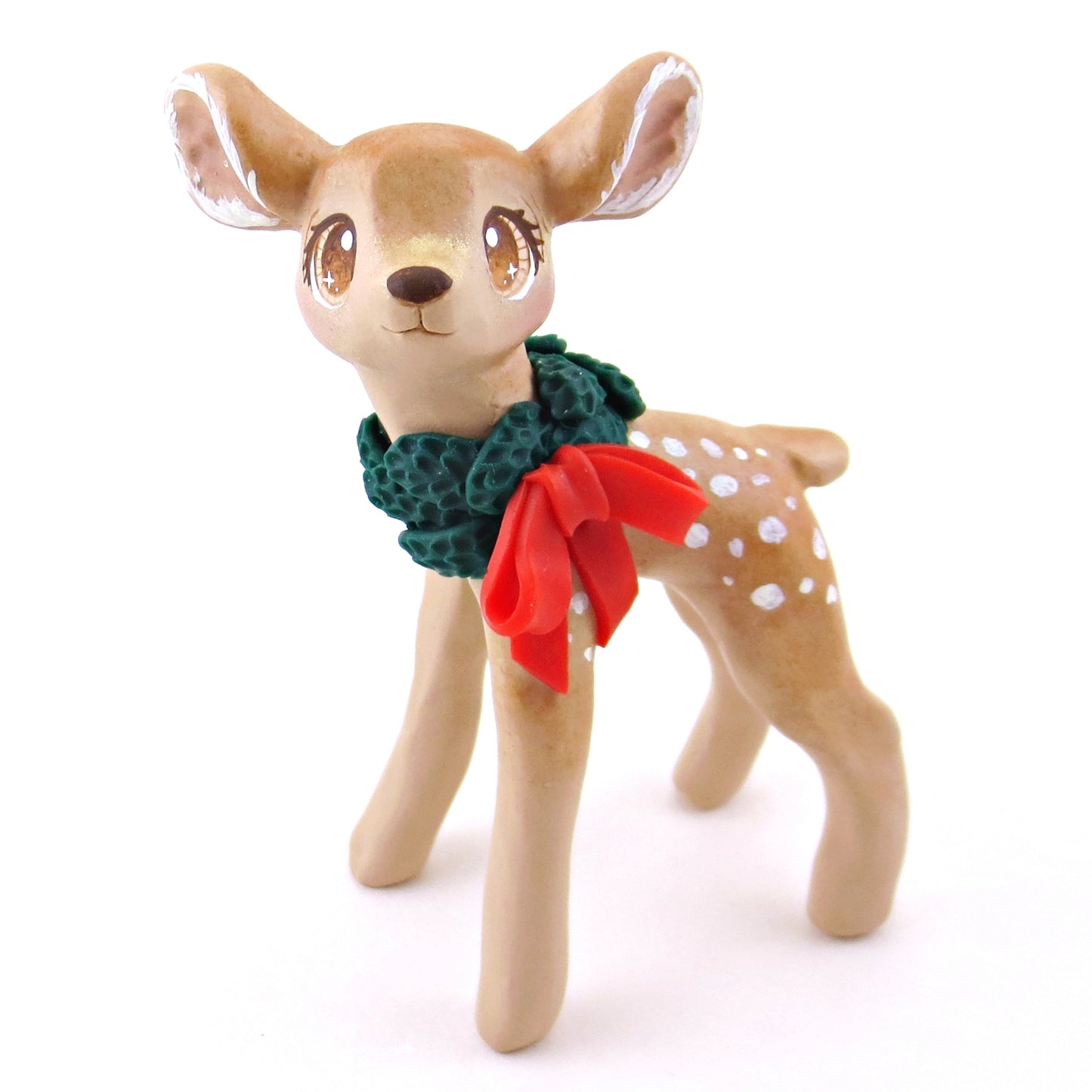 Christmas Wreath Deer Figurine - Polymer Clay Christmas Collection