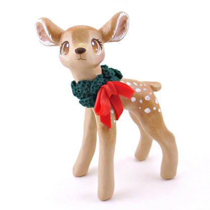 Christmas Wreath Deer Figurine - Polymer Clay Christmas Collection