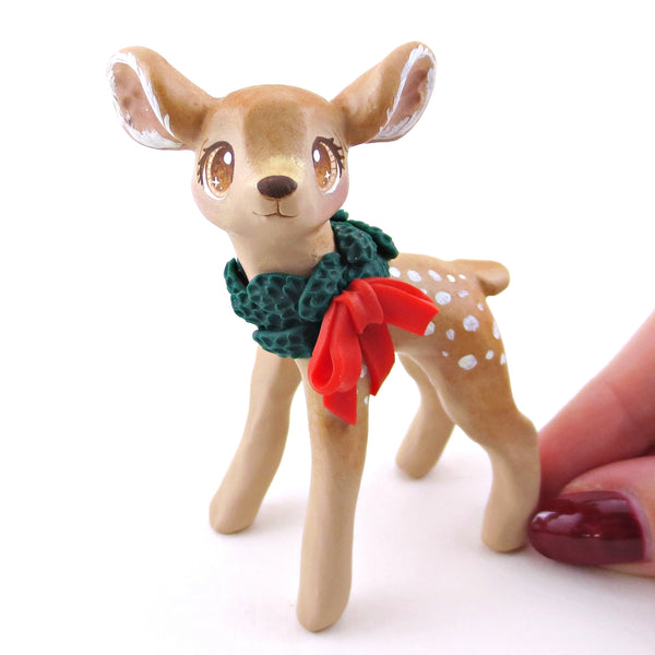Christmas Wreath Deer Figurine - Polymer Clay Christmas Collection