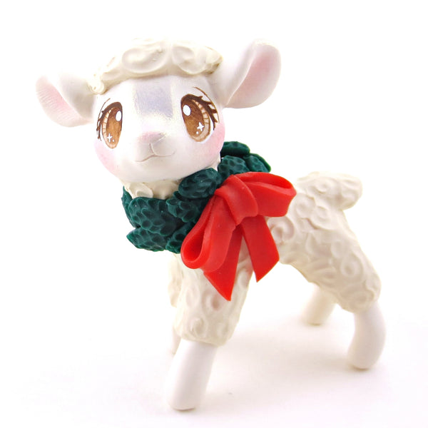 Christmas Wreath Sheep Figurine - Polymer Clay Christmas Collection