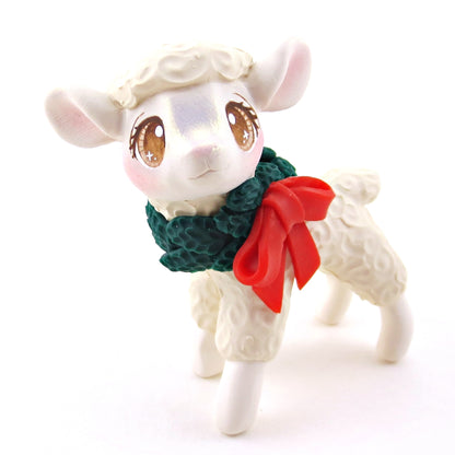 Christmas Wreath Sheep Figurine - Polymer Clay Christmas Collection